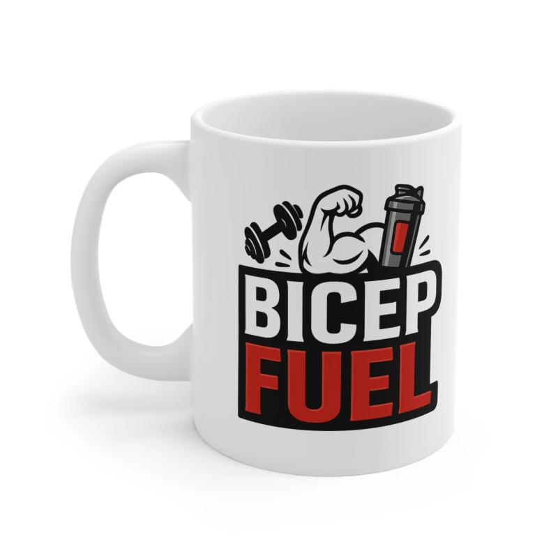 Tailorly White Ceramic 11 oz Mug - Bicep Fuel Strong Muscular Flexing Arm Among Dumbbell And Protein Shaker Bicep