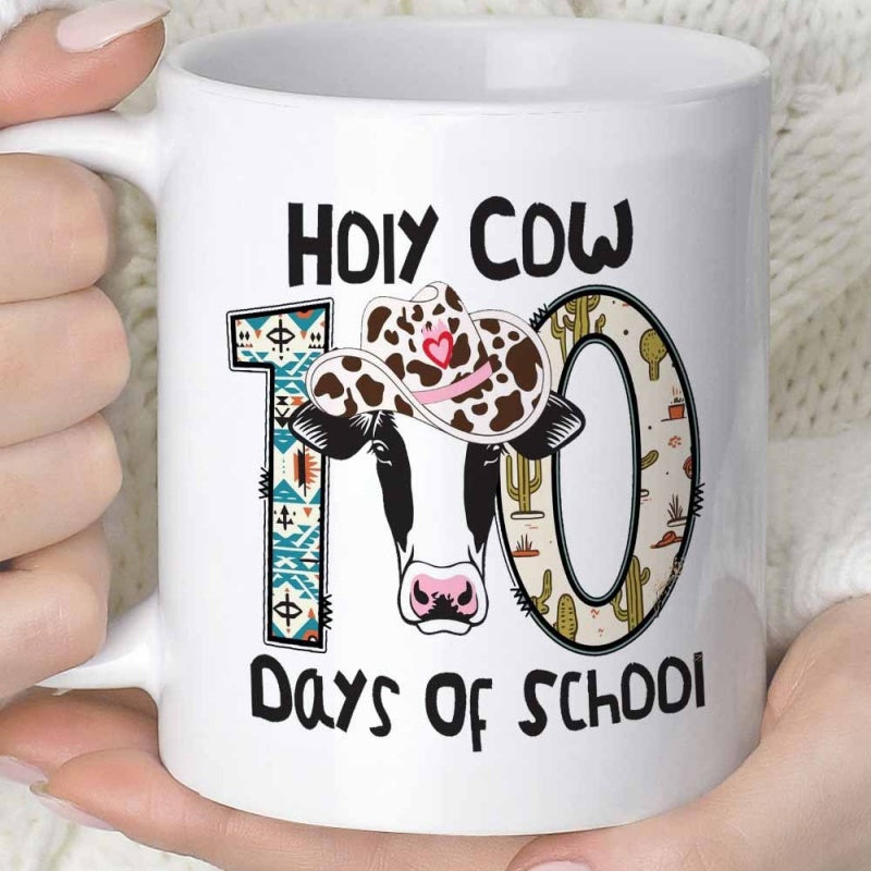 Tailorly White Ceramic 11 oz Mug - Holy Cow 100 Days Of School Playful Cartoon Cow Wearing Patterned Hat Within Decorative Themed Numbers Cow