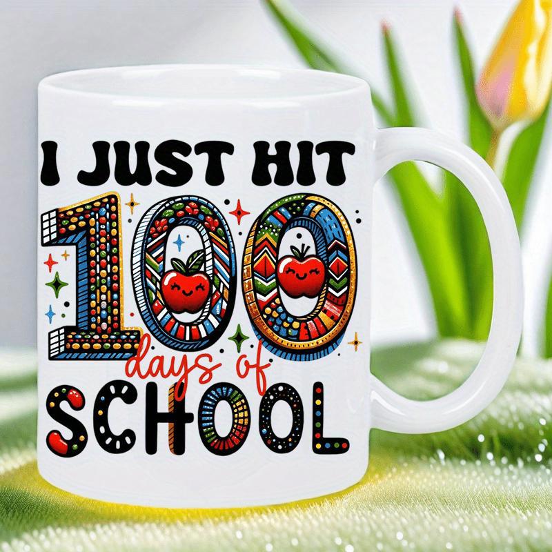 Tailorly White Ceramic 11 oz Mug - I Just Hit 100 Days Of School Colorful Decorative Numbers With Smiling Red Apples And Playful Stars Apple