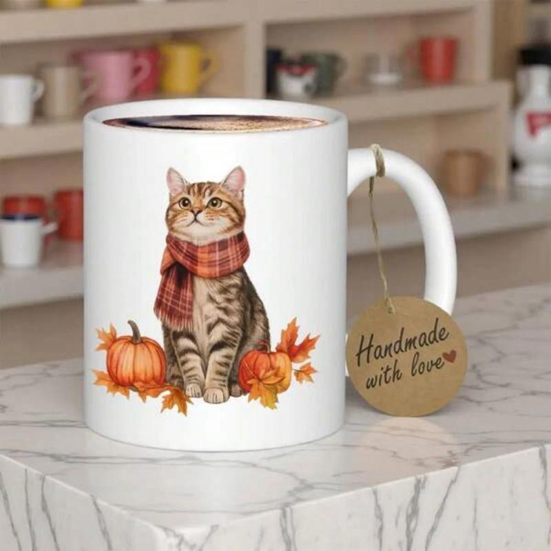 Tailorly White Ceramic 11 oz Mug - Handmade With Love Tabby Feline Wearing Plaid Scarf Sitting Among Autumn Pumpkins And Leaves Cat