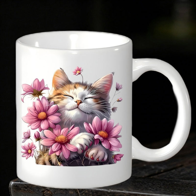 Tailorly White Ceramic 11 oz Mug - Charming Calico Kitten Resting Peacefully Surrounded By Vibrant Pink Blooming Cat