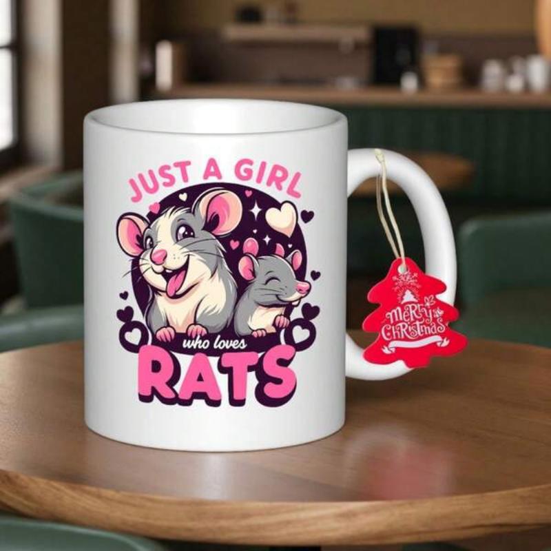 Tailorly White Ceramic 11 oz Mug - Just A Girl Who Loves Rats Adorable Cartoon Rats Surrounded By Hearts And Shining Magic Sparkles Rat