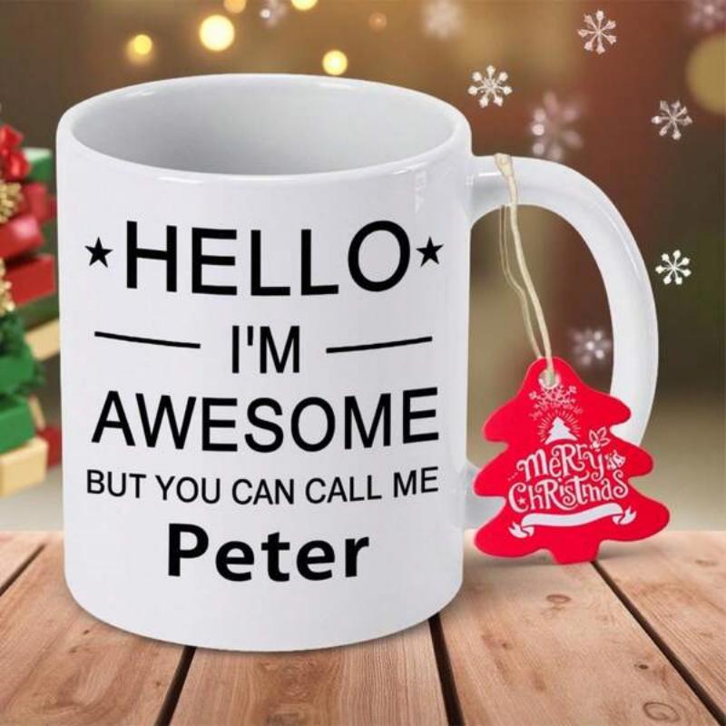 Tailorly White Ceramic 11 oz Mug - Hello I'm Awesome But You Can Call Me Peter Elegant White Ceramic With Minimalist Stars And Simple Horizontal Lines Mug