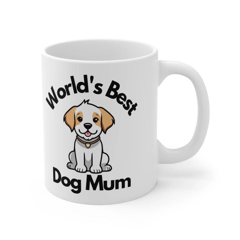 Tailorly White Ceramic 11 oz Mug - World's Best Dog Mum Adorable Cartoon Puppy Sitting Calmly With Tan Ears And Friendly Expression Dog