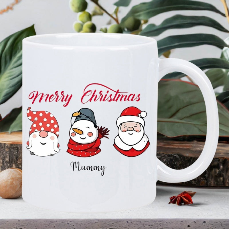 Tailorly White Ceramic 11 oz Mug - Merry Christmas Mummy Festive Gnome Snowman And Santa Claus Design Among Holiday Decorations Mug