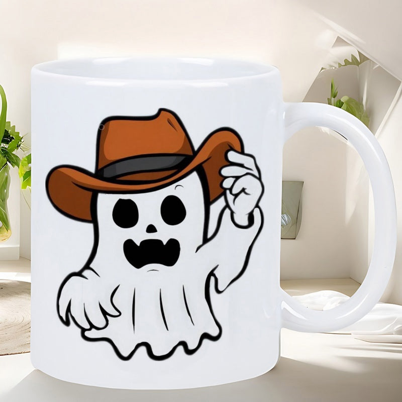 Tailorly White Ceramic 11 oz Mug - Cute Cartoon Spooky Spirit Wearing A Stylish Brown Western Hat Ghost