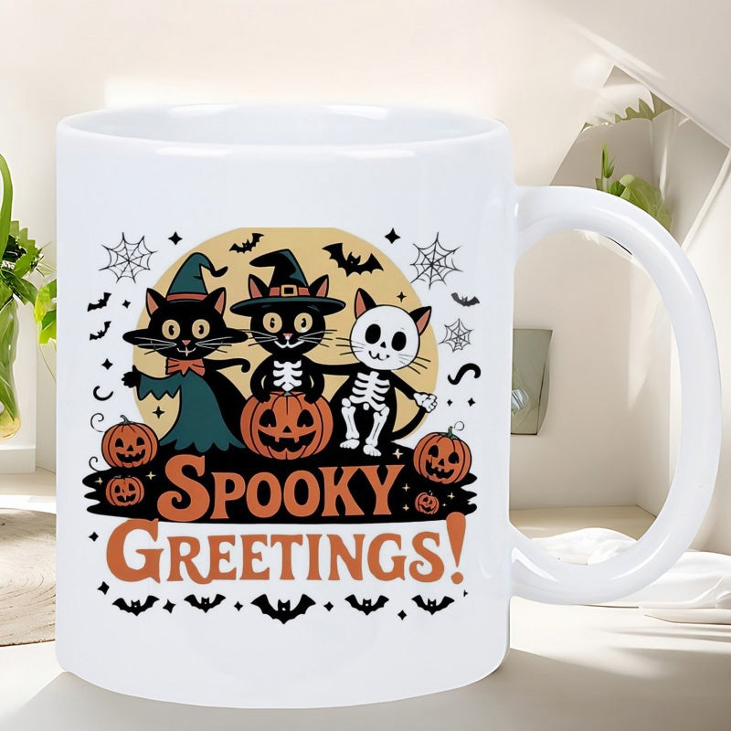 Tailorly White Ceramic 11 oz Mug - Spooky Greetings Three Black Halloween Kittens In Costumes Sitting Near Carved Pumpkins Under Moon Cat