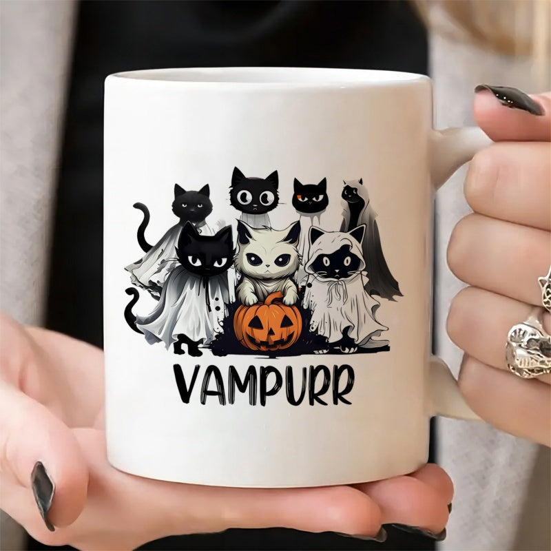 Tailorly White Ceramic 11 oz Mug - Vampurr Cute Spooky Ghost Cats Wearing Capes Around A Carved Halloween Pumpkin Cat