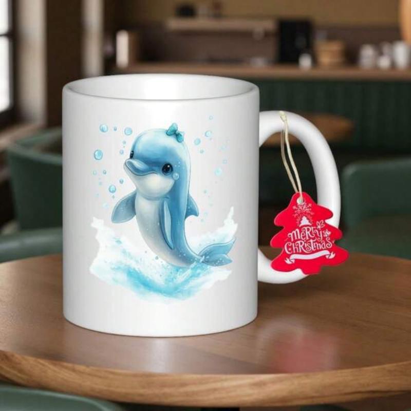 Tailorly White Ceramic 11 oz Mug - Merry Christmas Playful Blue Swimming Through Refreshing Ocean Water With Floating Bubbles Dolphin