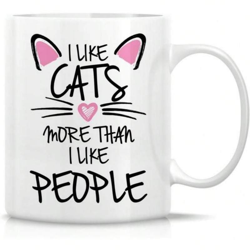 Tailorly White Ceramic 11 oz Mug - I Like Cats More Than I Like People Minimalist Stylized Whiskers With Pink Inner Ears And Tiny Heart Nose Cat