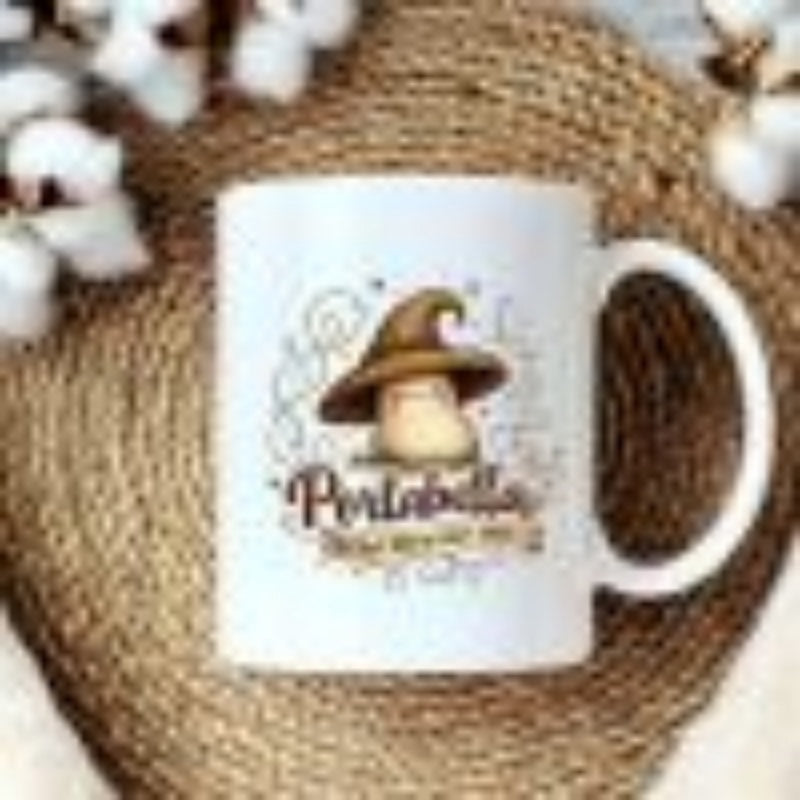 Tailorly White Ceramic 11 oz Mug - Portabella Magical Enchanted Character Wearing Brown Wizard Hat With Swirling Lines Mushroom