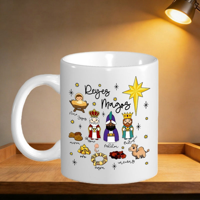 Tailorly White Ceramic 11 oz Mug - Three Wise Men Following Golden Star With Holy Gifts Nativity Kings