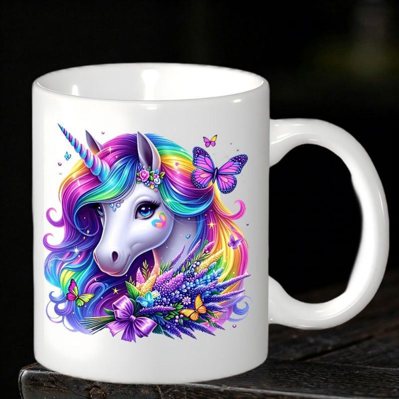 Tailorly White Ceramic 11 oz Mug - Majestic White Magical Creature With Rainbow Hair Among Butterflies And Flowers Unicorn