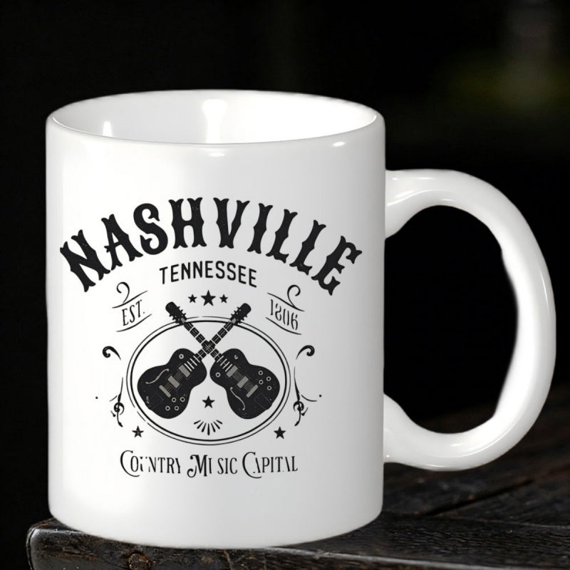 Tailorly White Ceramic 11 oz Mug - Nashville Tennessee Country Music Capital Crossed Musical Instruments Within A Decorative Starry Frame Guitar