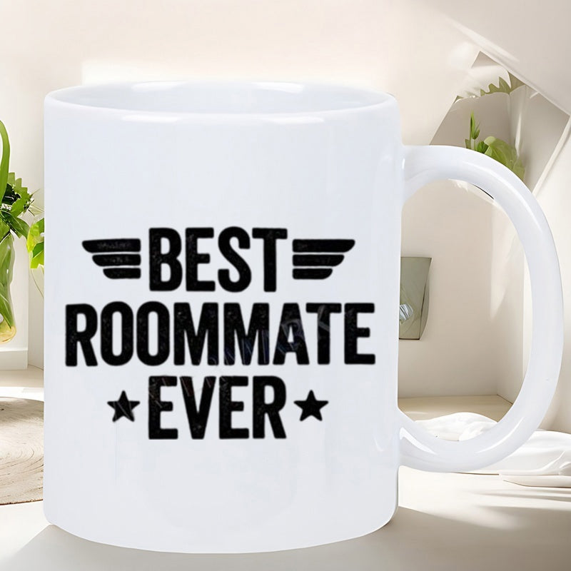 Tailorly White Ceramic 11 oz Mug - Best Roommate Ever Elegant Black Typographic Art Featuring Stylish Wings And Decorative Stars Mug
