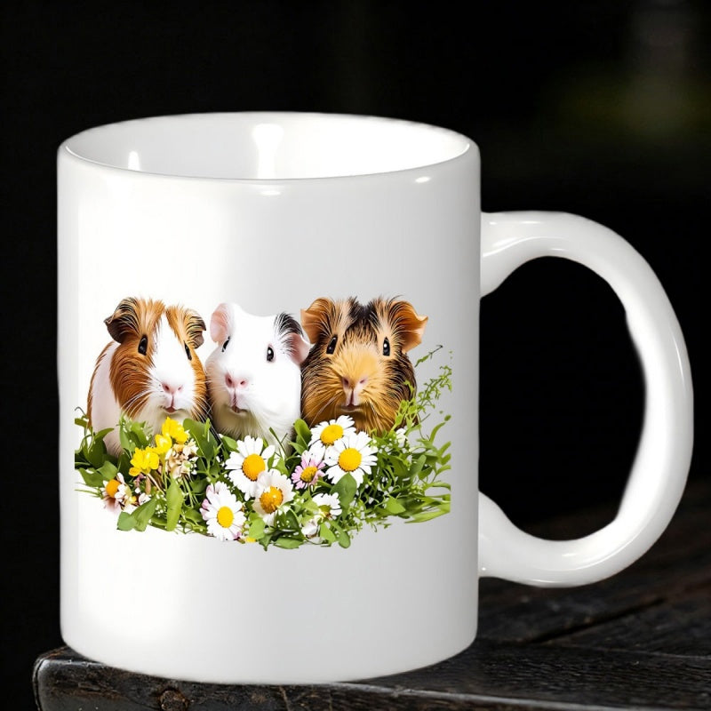 Tailorly White Ceramic 11 oz Mug - Three Adorable Furry Guinea Pigs Resting Within Vibrant Daisy Garden Guinea Pig