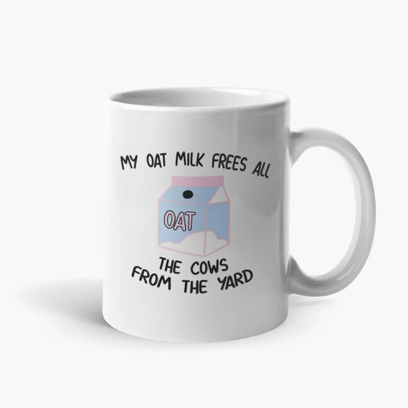 Tailorly White Ceramic 11 oz Mug - My Oat Milk Frees All The Cows From The Yard Cute Minimalist Illustration Of A Pastel Pink And Blue Oat Milk Carton