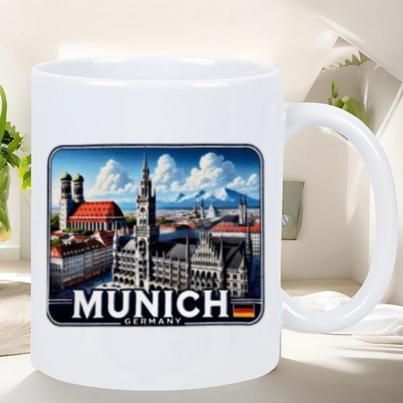 Tailorly White Ceramic 11 oz Mug - Munich Germany Detailed Historic Architecture Under Clouds With Distant Snow Capped Mountains And Small Flag Skyline