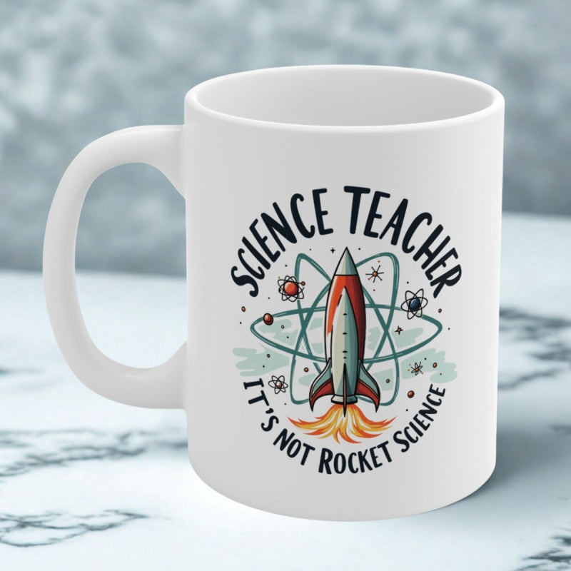 Tailorly White Ceramic 11 oz Mug - Science Teacher It's Not Rocket Science Vintage Style Rocket Launching Through Atomic Rings Surrounded By Shining Stars Rocket