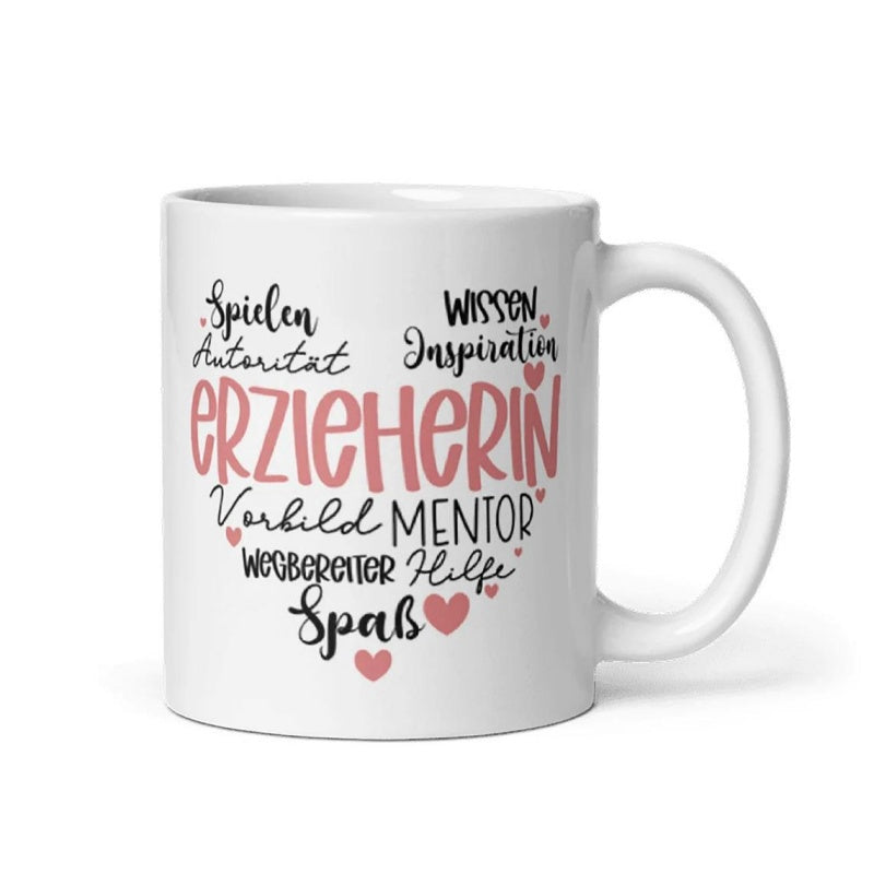Tailorly White Ceramic 11 oz Mug - Mentor Inspiration Elegant Pink Hearts Floating Around A Centered Typographic Cluster Heart