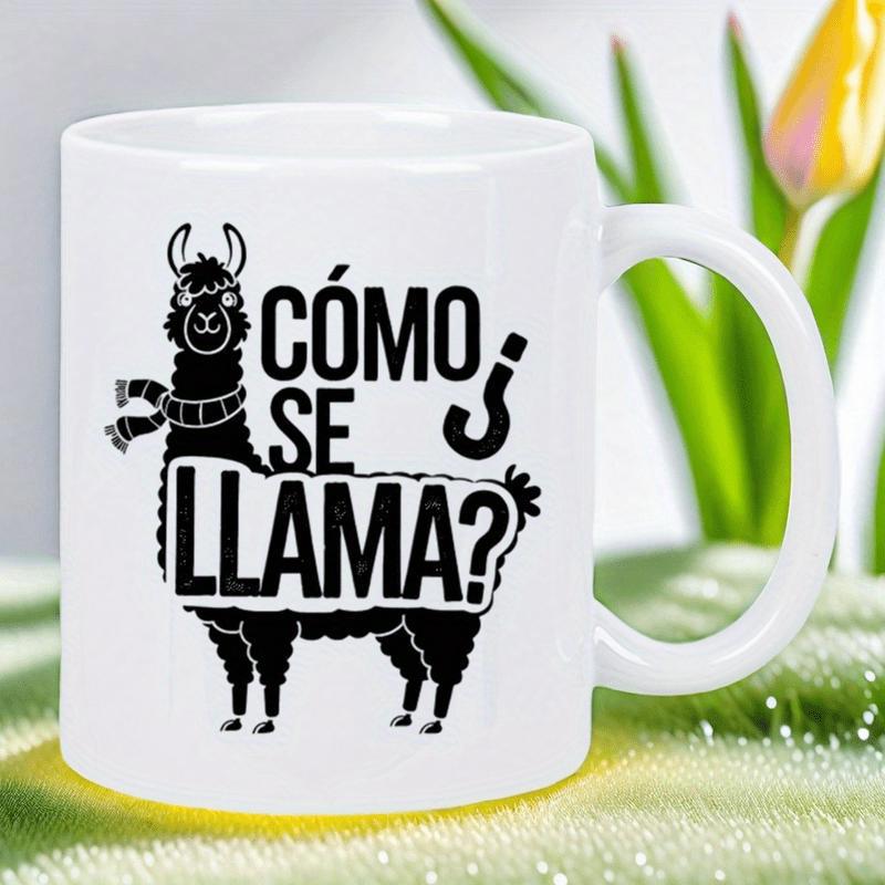 Tailorly White Ceramic 11 oz Mug - Minimalist Black Silhouette Wearing A Winter Scarf Playful Character Llama