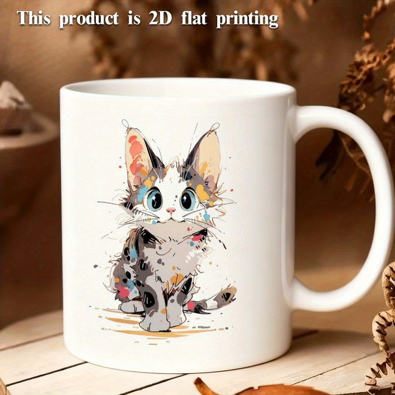 Tailorly White Ceramic 11 oz Mug - Artistic Sketchy Calico Kitten With Large Blue Eyes And Ink Splatters Cat