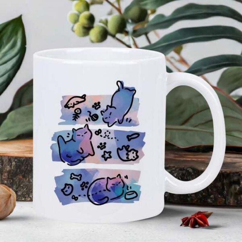 Tailorly White Ceramic 11 oz Mug - Whimsical Watercolor Kittens Playing Among Stars And Paw Prints In Panels Cat