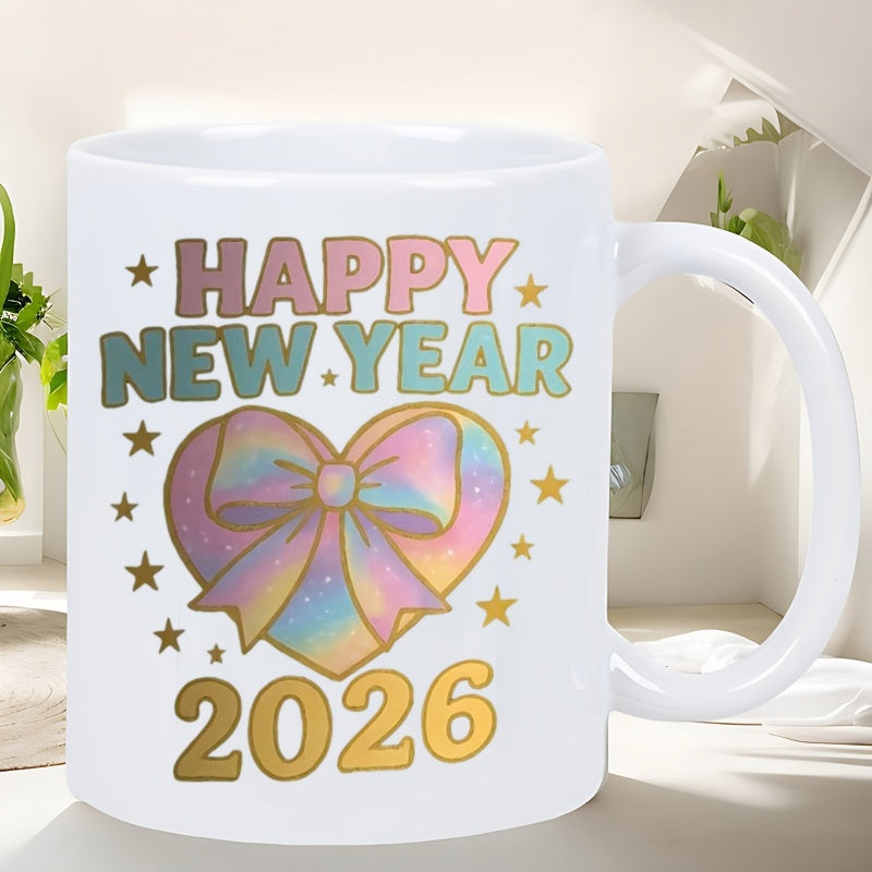 Tailorly White Ceramic 11 oz Mug - Happy New Year 2026 Shimmering Rainbow Bow Tied Within A Sparkling Golden Star Heart