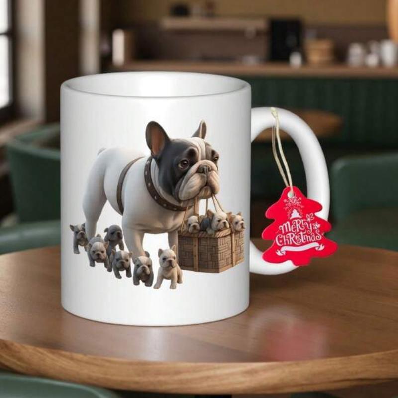 Tailorly White Ceramic 11 oz Mug - Adorable French Bulldog Mother Carrying Basket Accompanied By Tiny Following Puppies Bulldog