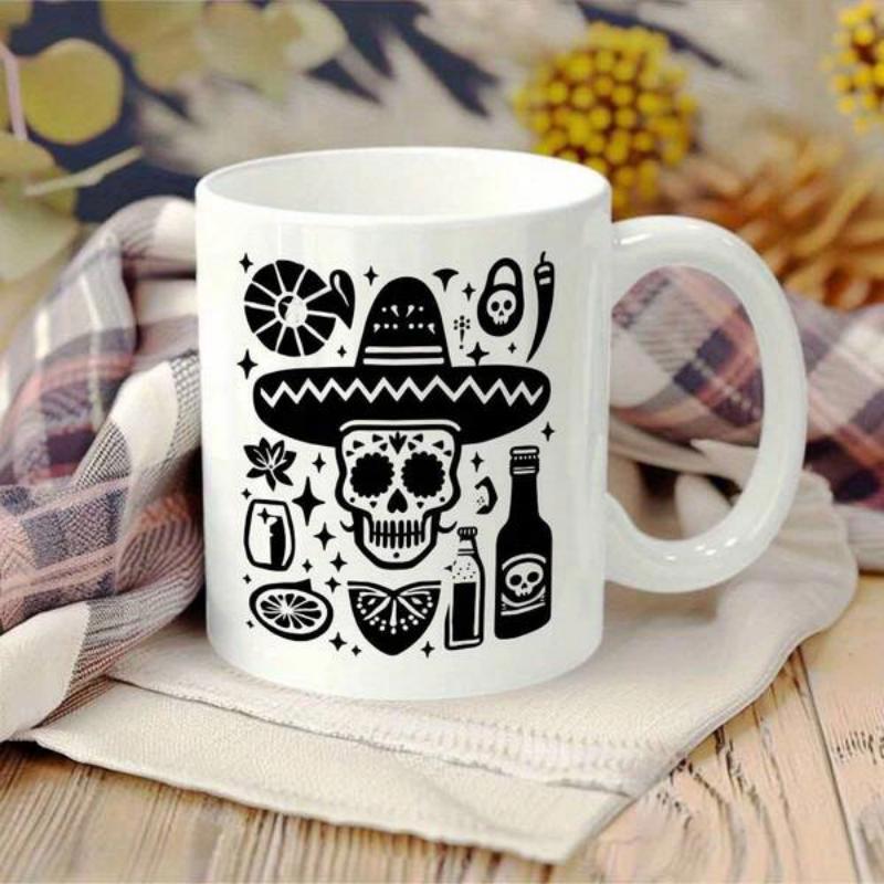 Tailorly White Ceramic 11 oz Mug - Traditional Mexican Day Of The Dead Ornaments Featuring A Sombrero Wearing Sugar Skull
