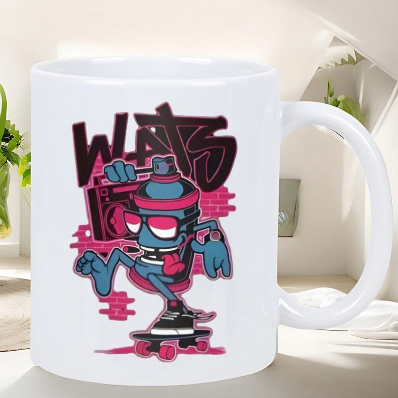 Tailorly White Ceramic 11 oz Mug - Wats Cool Graffiti Spray Can Skating With Boombox On Urban Bricks Character