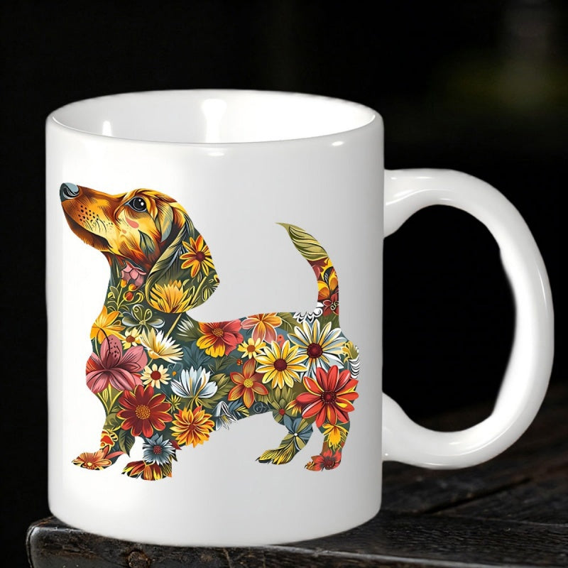 Tailorly White Ceramic 11 oz Mug - Vibrant Colorful Floral Garden Pattern Within A Standing Majestic Dachshund