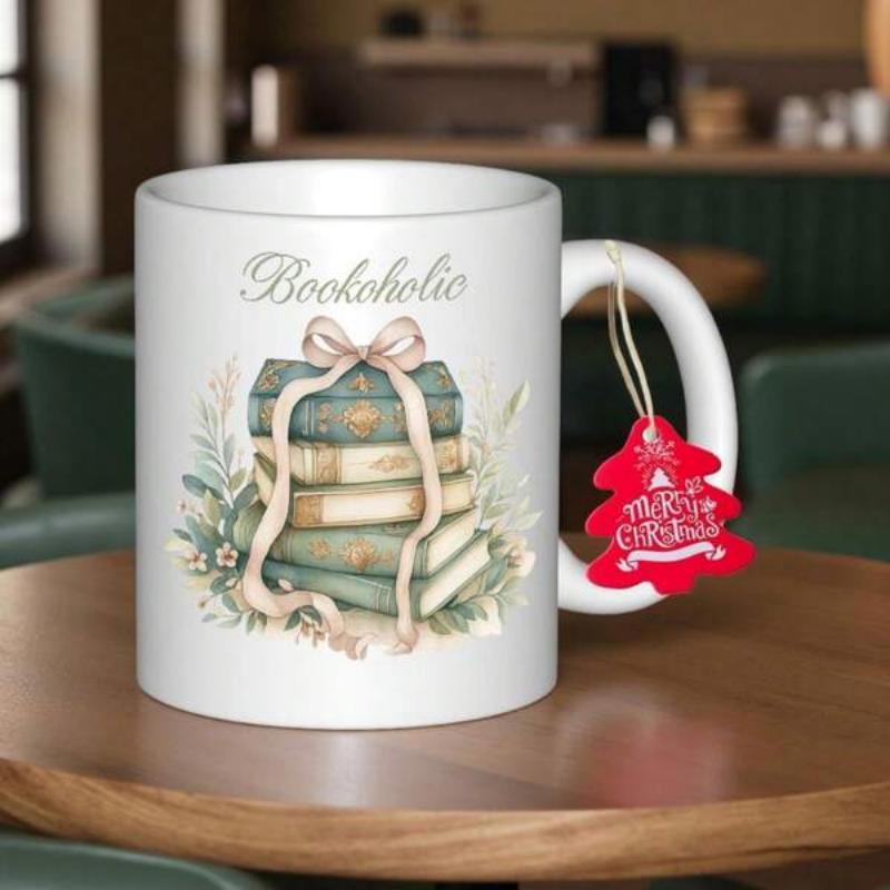 Tailorly White Ceramic 11 oz Mug - Bookaholic Vintage Stacked Green Books Tied With Ribbon Among Soft Foliage Books