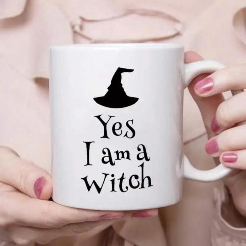 Tailorly White Ceramic 11 oz Mug - Yes I Am A Witch Minimalist Black Pointed Wizard Cap With A Wide Brim Silhouette Hat
