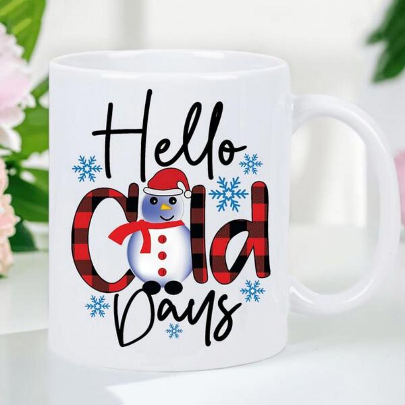 Tailorly White Ceramic 11 oz Mug - Hello Cold Days Cute Winter Character Wearing Red Scarf Among Blue Falling Decorative Snowflakes Snowman