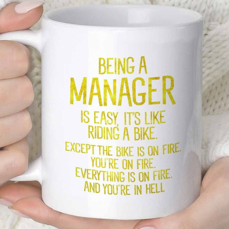 Tailorly White Ceramic 11 oz Mug - Being A Manager Is Easy Distressed Yellow Typographic Design Centered On A Glossy