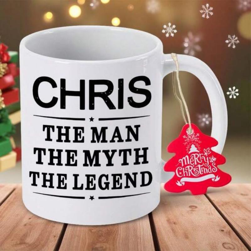Tailorly White Ceramic 11 oz Mug - Chris The Man The Myth The Legend Minimalist Featuring Bold Black Typography With Decorative Stars Mug