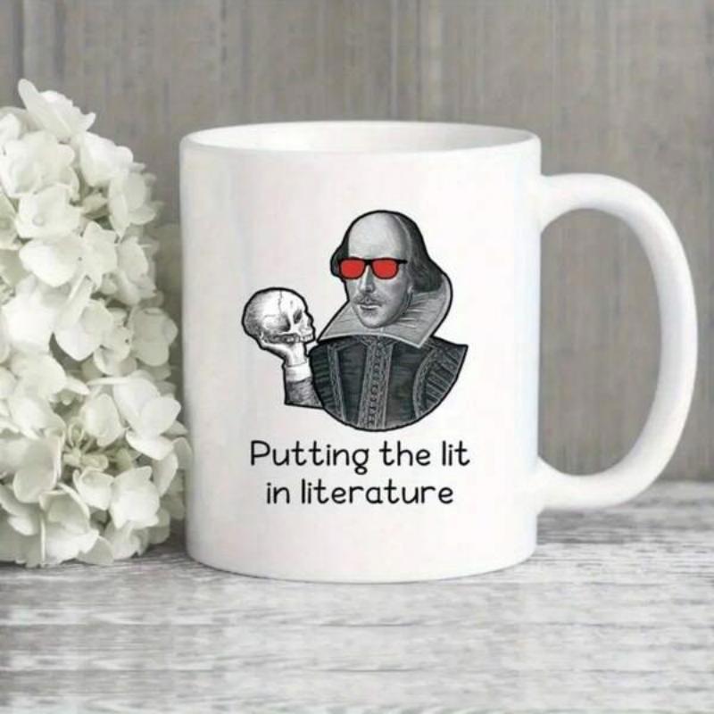 Tailorly White Ceramic 11 oz Mug - Putting The Lit In Literature Iconic Playwright Wearing Modern Red Sunglasses While Holding A Human Skull Shakespeare