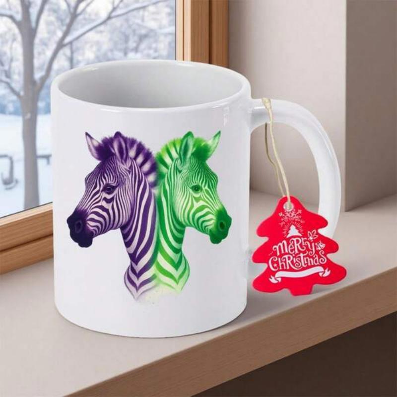 Tailorly White Ceramic 11 oz Mug - Artistic Vibrant Purple And Bright Green Striped Wild Safari Animal Zebra