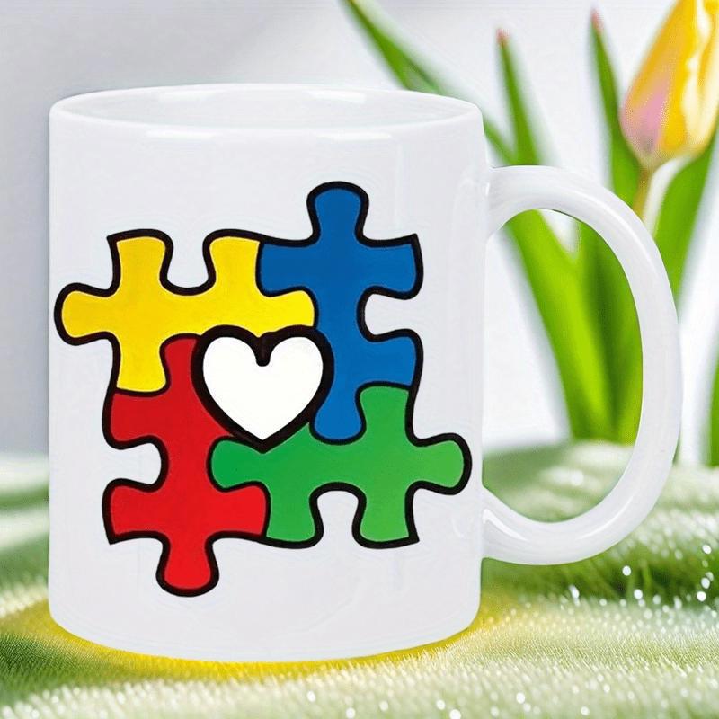 Tailorly White Ceramic 11 oz Mug - Colorful Interlocking Pieces Arranged Around A Central Heart Shape Design Puzzle
