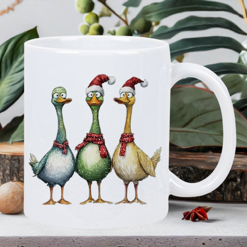 Tailorly White Ceramic 11 oz Mug - Three Whimsical Christmas Birds Wearing Red Santa Hats And Scarves Geese