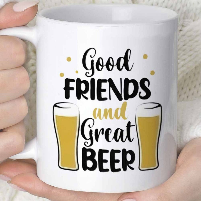 Tailorly White Ceramic 11 oz Mug - Good Friends And Great Beer Two Tall Frothy Pints Of Golden Liquid Surrounded By Sparkling Decorative Dots Beer