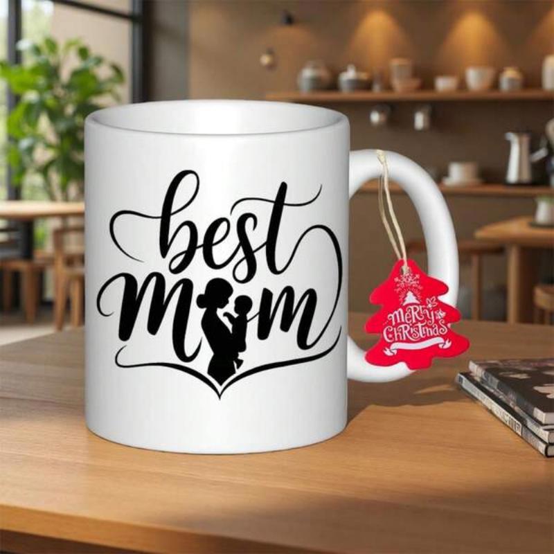 Tailorly White Ceramic 11 oz Mug - Best Mom Elegant Script Lettering Featuring Silhouette Of A Mother Holding Her Child Mug