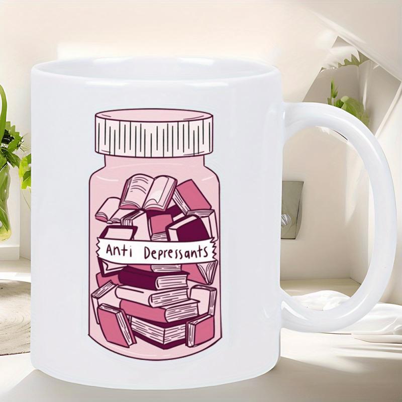 Tailorly White Ceramic 11 oz Mug - Anti Depressants Pink Glass Container Filled With Stacked Miniature Knowledge Seeking Books Jar