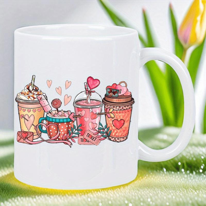Tailorly White Ceramic 11 oz Mug - Hand Drawn Sweet Valentine Beverages With Pink Hearts And Cream Drink