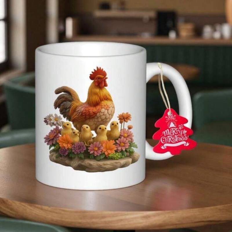 Tailorly White Ceramic 11 oz Mug - Merry Christmas Vibrant Golden Rooster Protecting Small Chicks Among Colorful Blossoming Flowers Rooster
