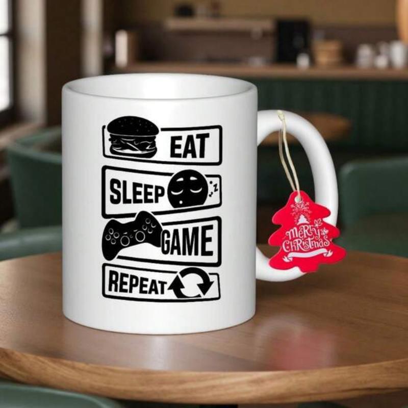 Tailorly White Ceramic 11 oz Mug - Eat Sleep Game Repeat Minimalist Linear Icons Representing Daily Routine For Passionate Gamers Mug