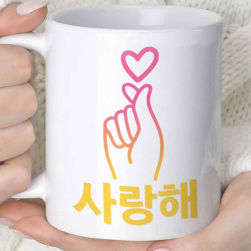Tailorly White Ceramic 11 oz Mug - Minimalist Linear Art Design With Warm Gradient Colors Expressing Affection Finger Heart