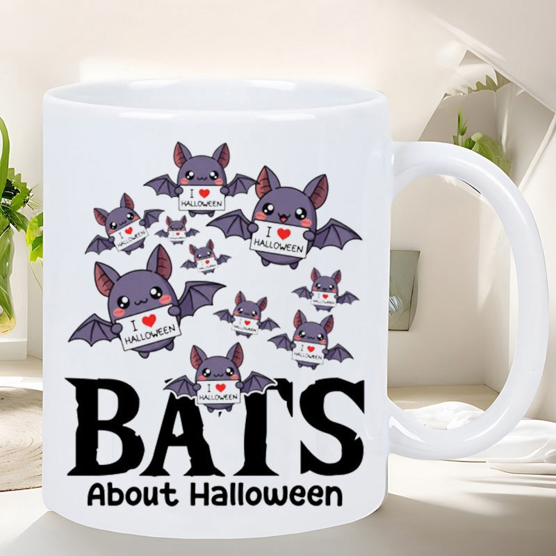 Tailorly White Ceramic 11 oz Mug - I Halloween Bats About Halloween Adorable Purple Bats Flying And Holding Signs For Festive Holiday Celebration Bat
