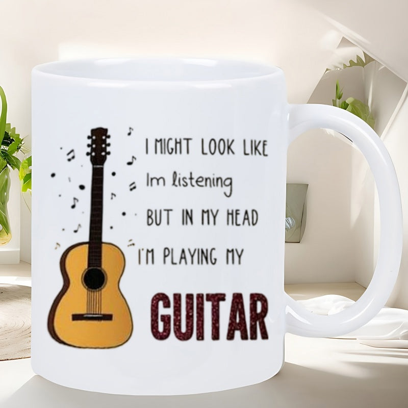 Tailorly White Ceramic 11 oz Mug - I Might Look Like Im Listening But In My Head Im Playing My Guitar Classic Acoustic Instrument Surrounded By Floating Musical
